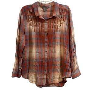 Natural Women XL Lightweight Tunic Plaid Long Shirt Southwestern Cowgirl Farm